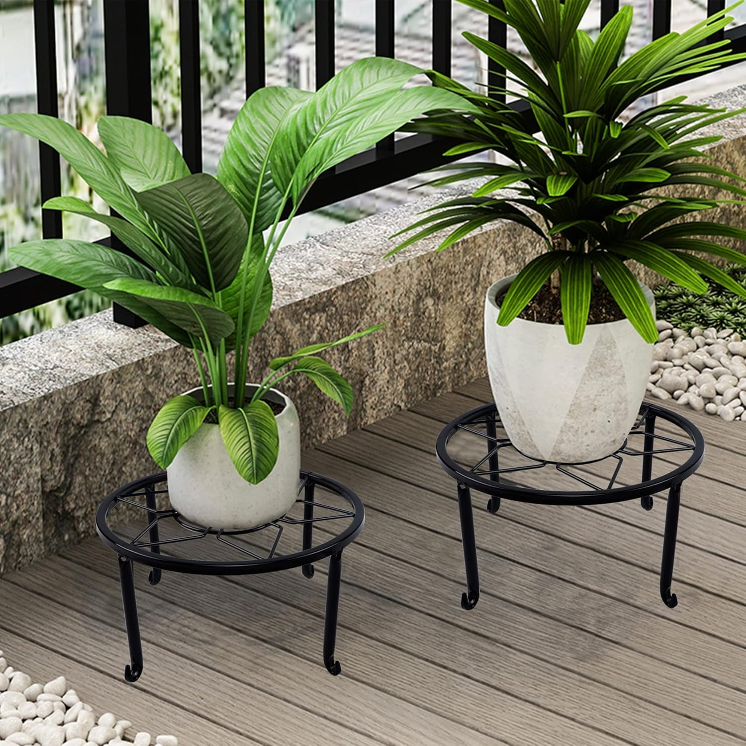 Set of 3 Black Iron Round Plant Stands