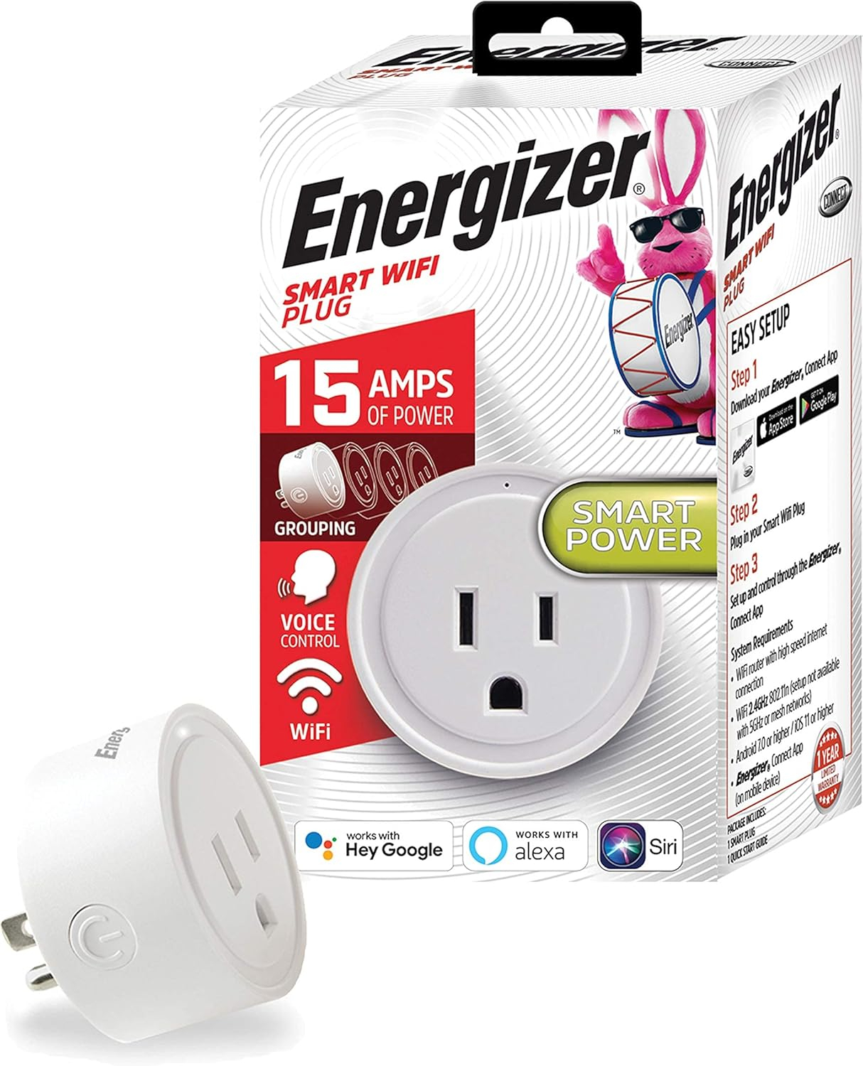 Energizer Smart Wi-Fi 15 Amp Wall Outlet Plug, Voice Control, Remote Access, Mobile App