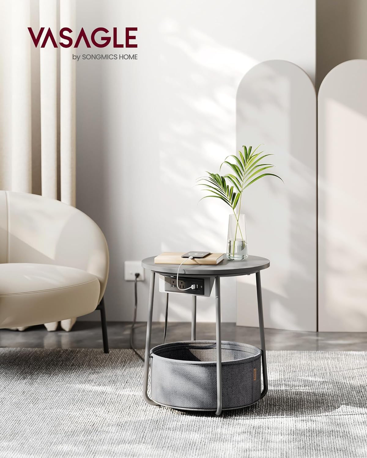 VASAGLE Side Table with Charging Station, Round End Table With Fabric Basket, Nightstand with Power Outlets USB Ports, for Living Room, Bedroom, Modern, Dove Gray and Slate Gray ULET228G01
