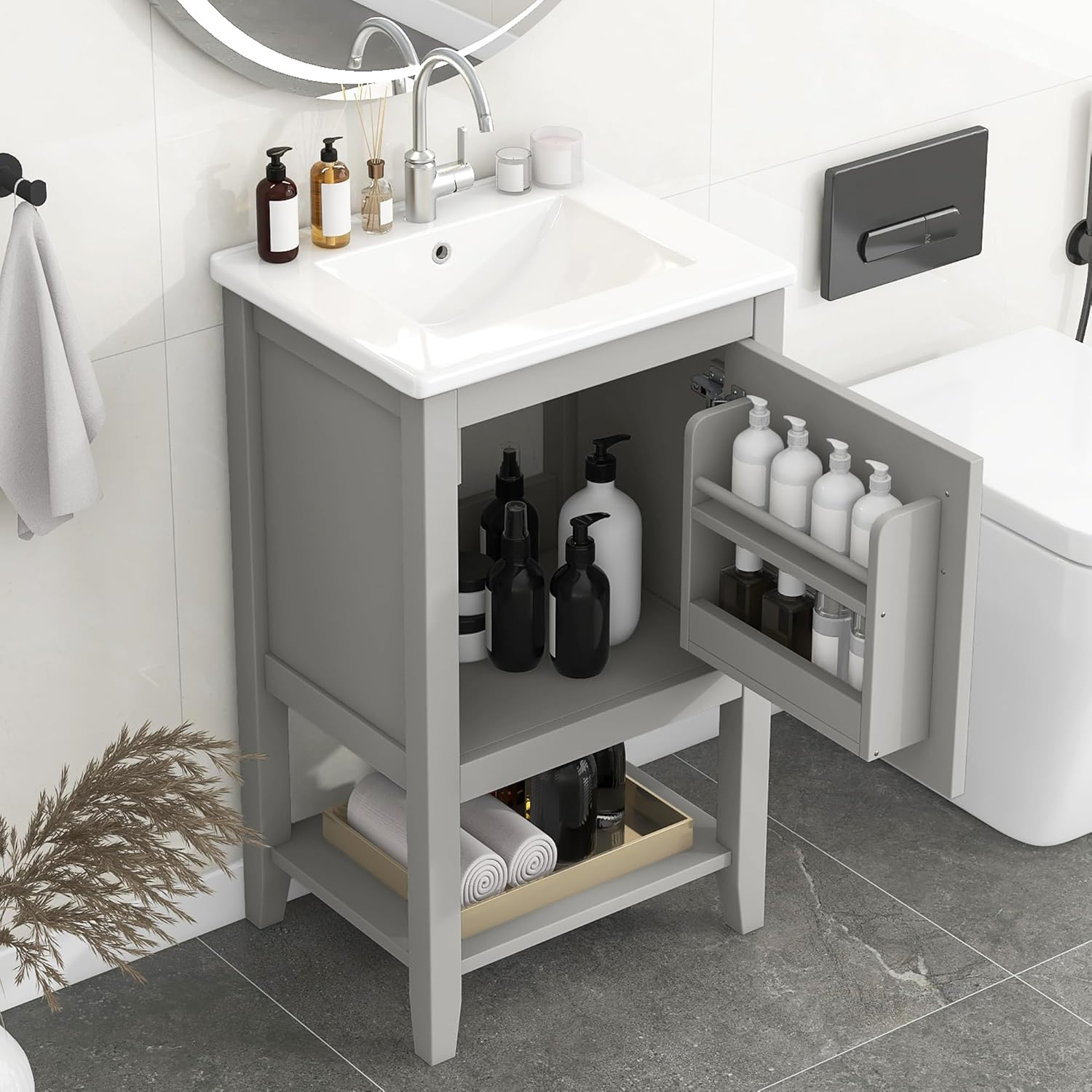 Bellemave 20" Small Bathroom Vanity with Sink, Modern Bathroom Storage Cabinet with Door and Storage Rack, Free Standing Single Basin Vanity with Open Shelf, Undermount Ceramic Sink（Grey）