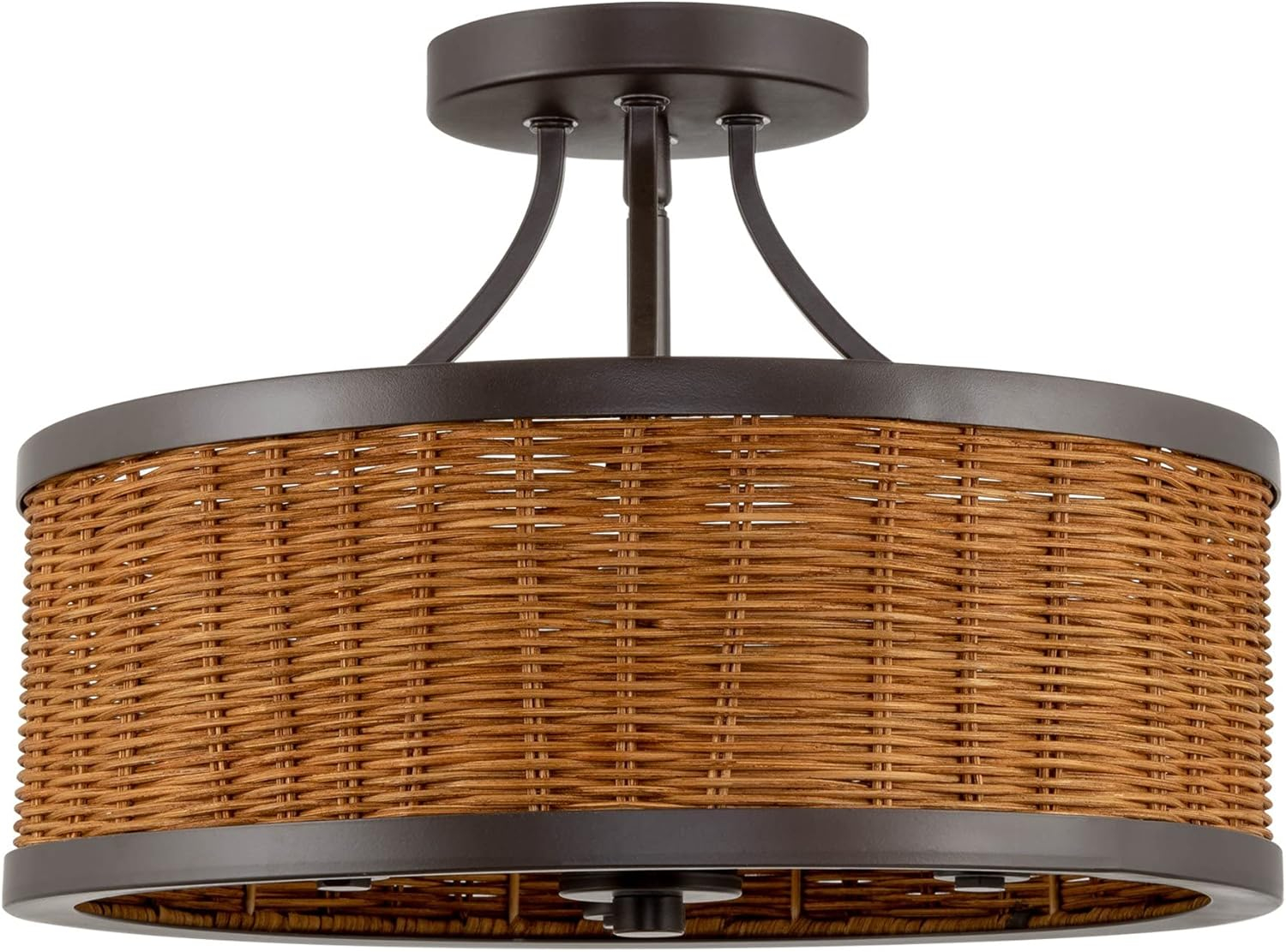 Kira Home Zora 15" 3-Light Modern Semi Flush Mount Ceiling Light + Rattan Wicker Drum Shade, Oil Rubbed Bronze Finish