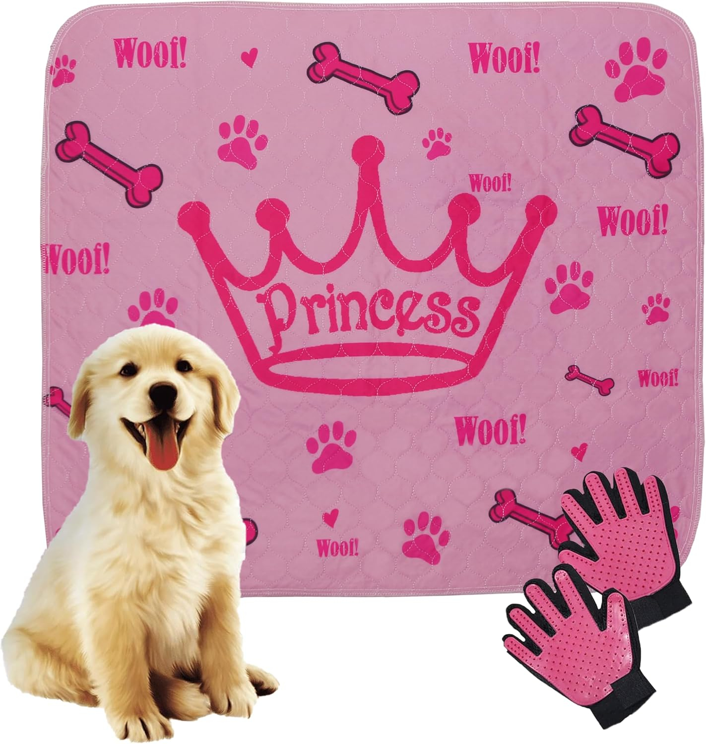 Pink Princess Washable Dog Pee Pads with Grooming Gloves