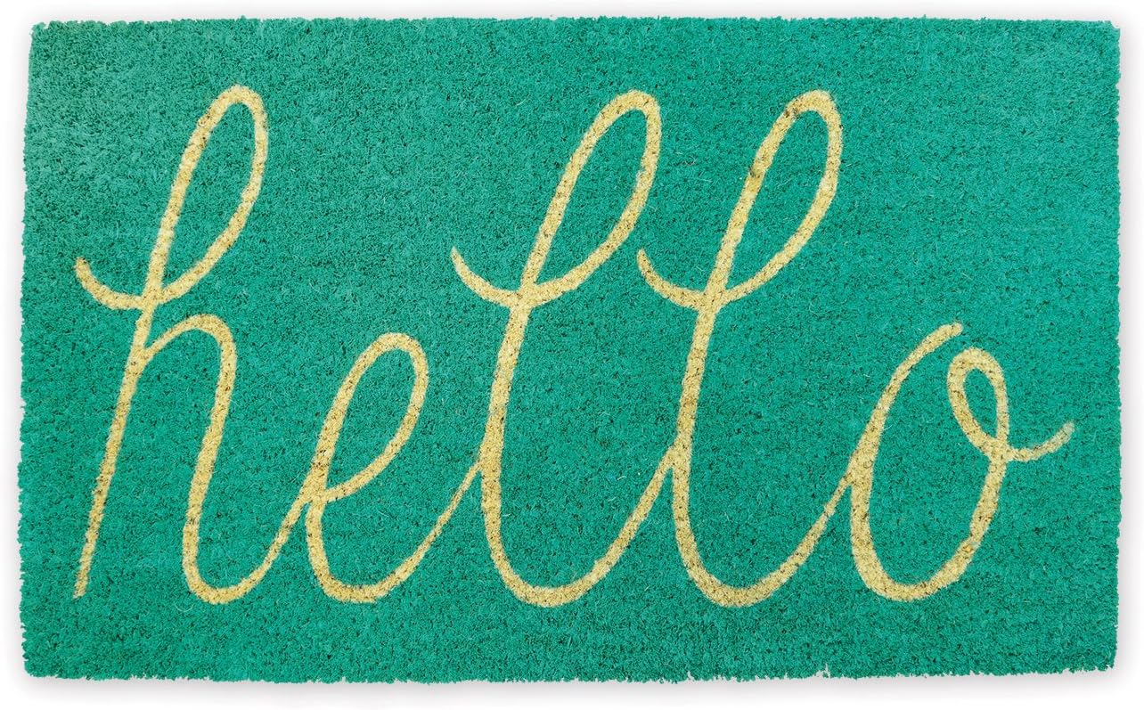 DII Hello Coir Fiber Doormat Non-Slip Durable Outdoor/Indoor, Pet Friendly, 17x29", Storm Blue