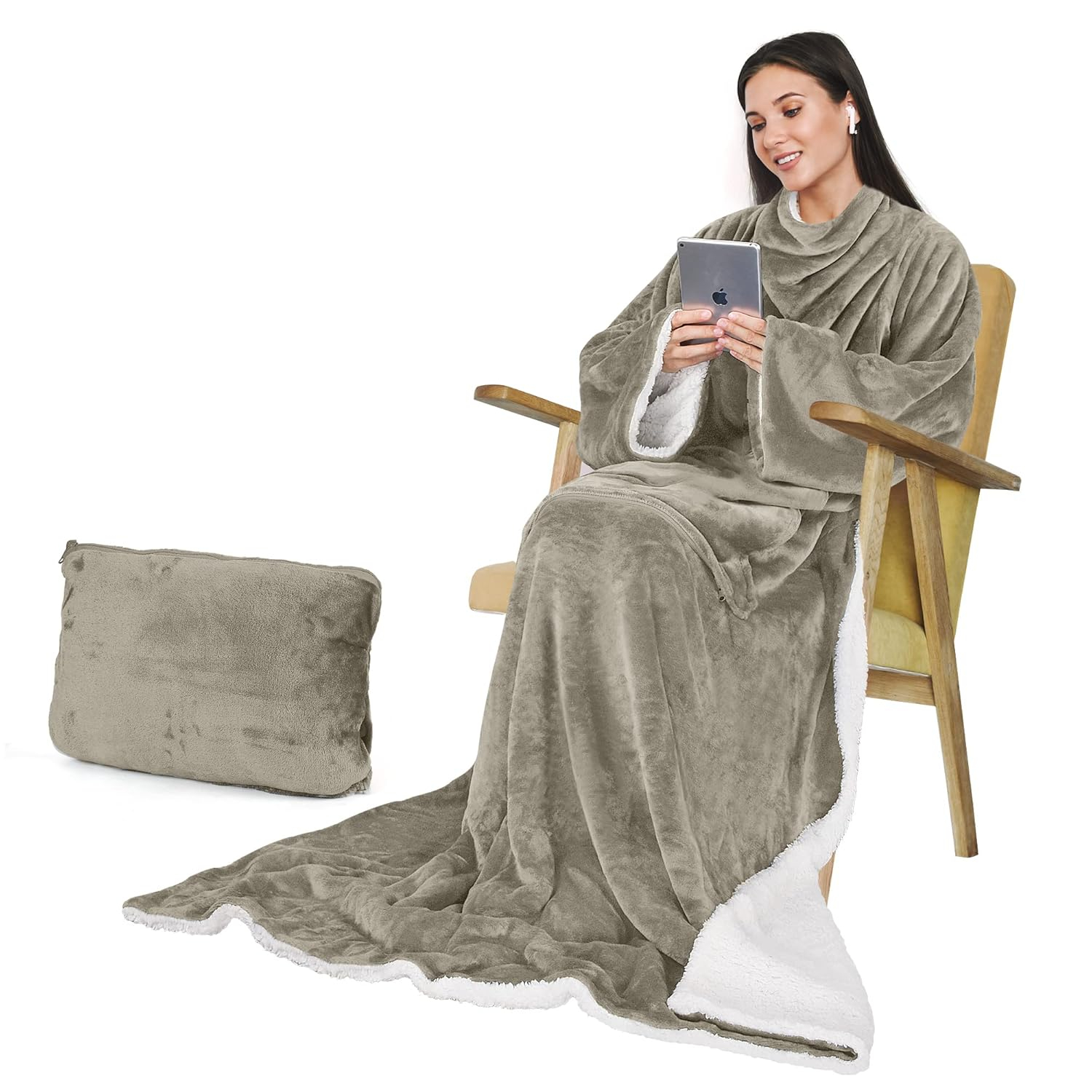 Catalonia Wearable Fleece Throws Blanket with Sleeves and Pocket for Women Men, Could Wrap Full Body Blanket Robe for Lounge Couch 70" x 52"，Machine Washable, Camel