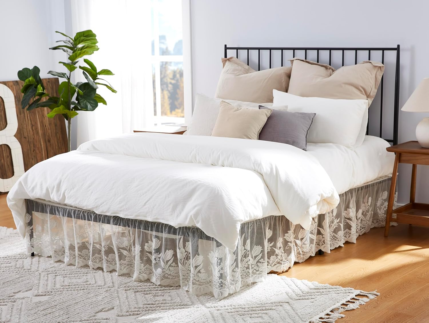 Beige King Size Lace Bed Skirt with Floral Design