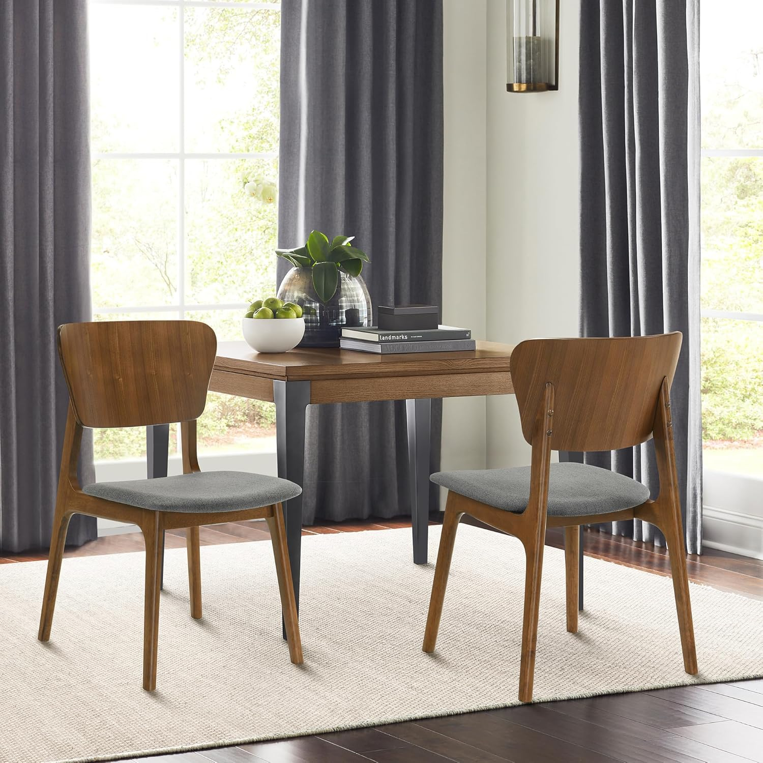 Armen Living Kalia 18" Fabric & Wood Dining Chair in Charcoal/Walnut (Set of 2)