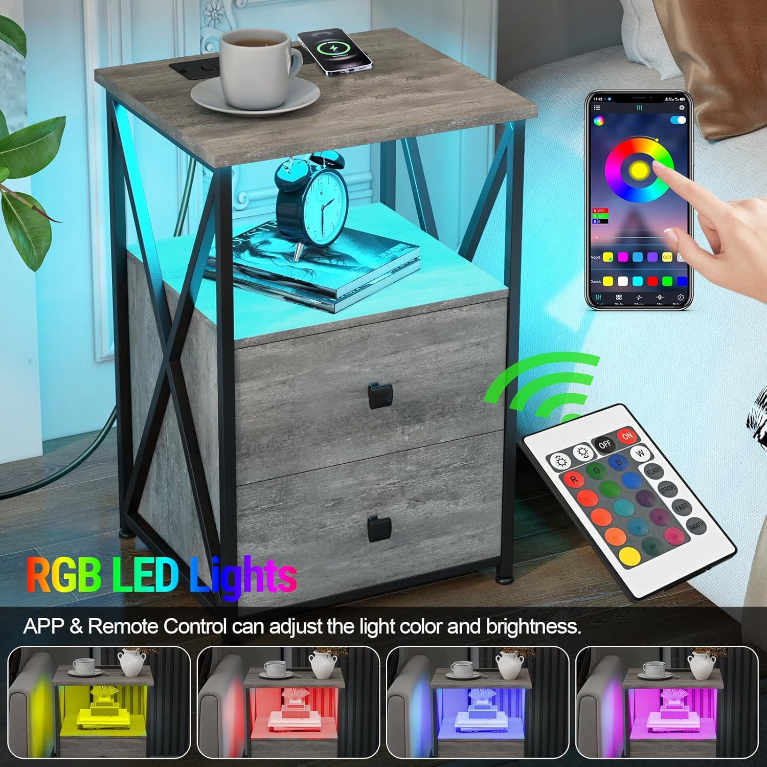 End Table Set of 2 with LED Light, Night Stand with Wireless Charger, Side Table with Storage, Grey End Tables with USB and Outlets, Bedside Table with Wood Drawers for Bedroom, Living Room