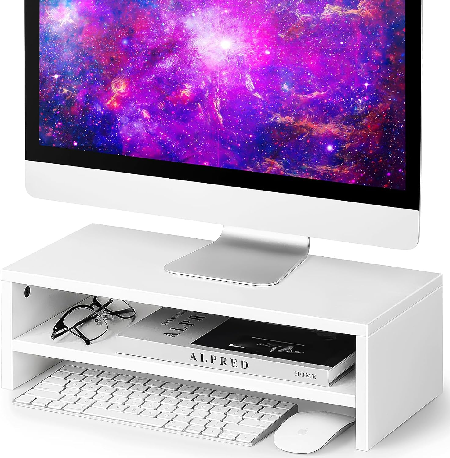 BEYGORM Monitor Stand Riser White, 21.6 inch 2 Tiers Wood Desk Shelf Computer Screen Stand with Storage for Desktop Laptop/Screen/TV/PC/Printer, Desk Shelf Organizer 21.6" L x 7.8" W x 5.2" H