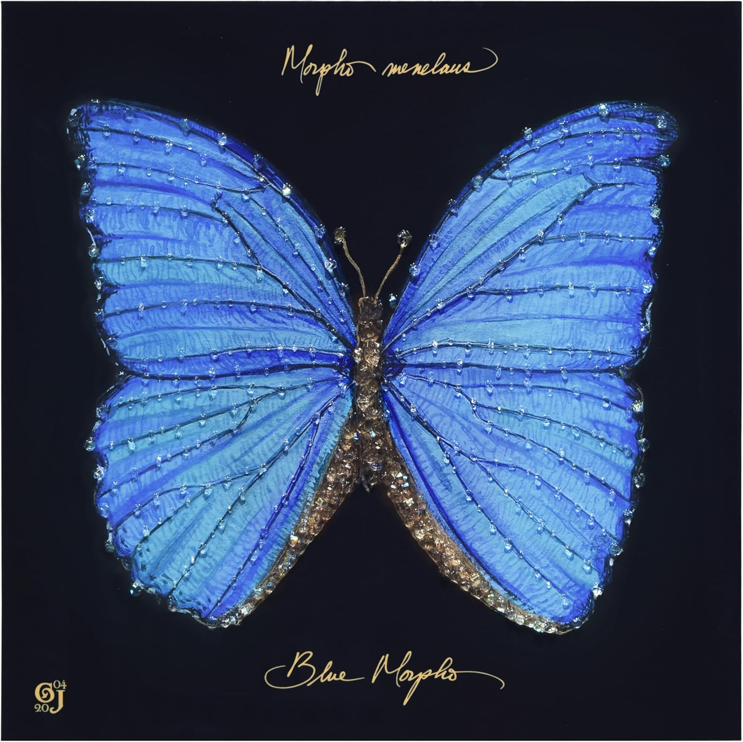 "Blue Monarch Elegance" Crystallus Epoxy Coated Wrapped Glossy Butterfly Canvas Wall Art with Heavy Acrylic Crystal Shards Embellishments