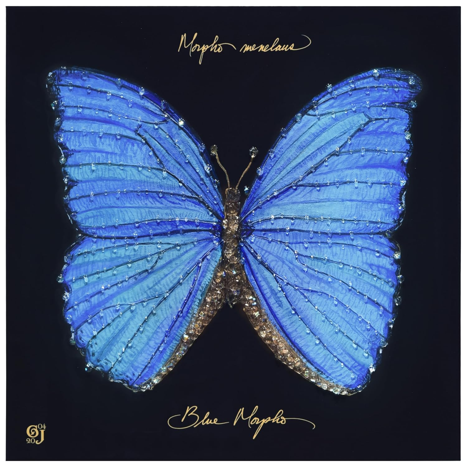 "Blue Monarch Elegance" Crystallus Epoxy Coated Wrapped Glossy Butterfly Canvas Wall Art with Heavy Acrylic Crystal Shards Embellishments