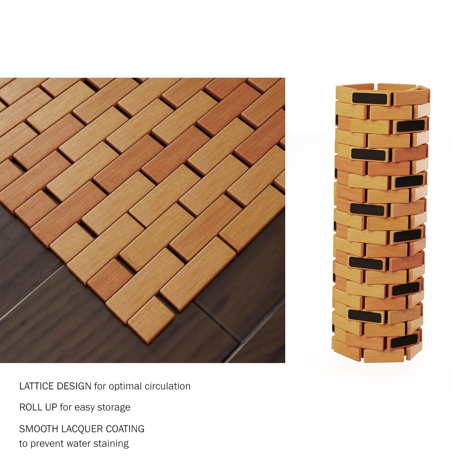 Lavish Home 67-BAMB-2 Bamboo Bath Mat-Eco-Friendly Natural Wooden Non-Slip Roll Up Lattice Design Mat
