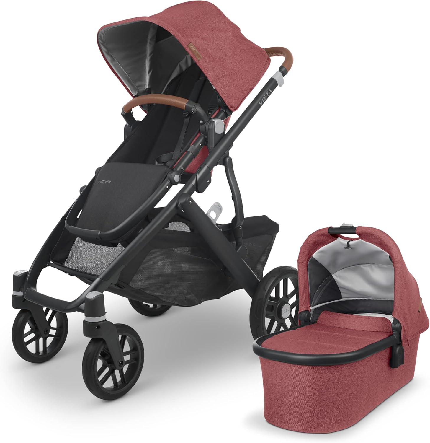 Green Mélange All-Terrain Bassinet Stroller with Leather Accents