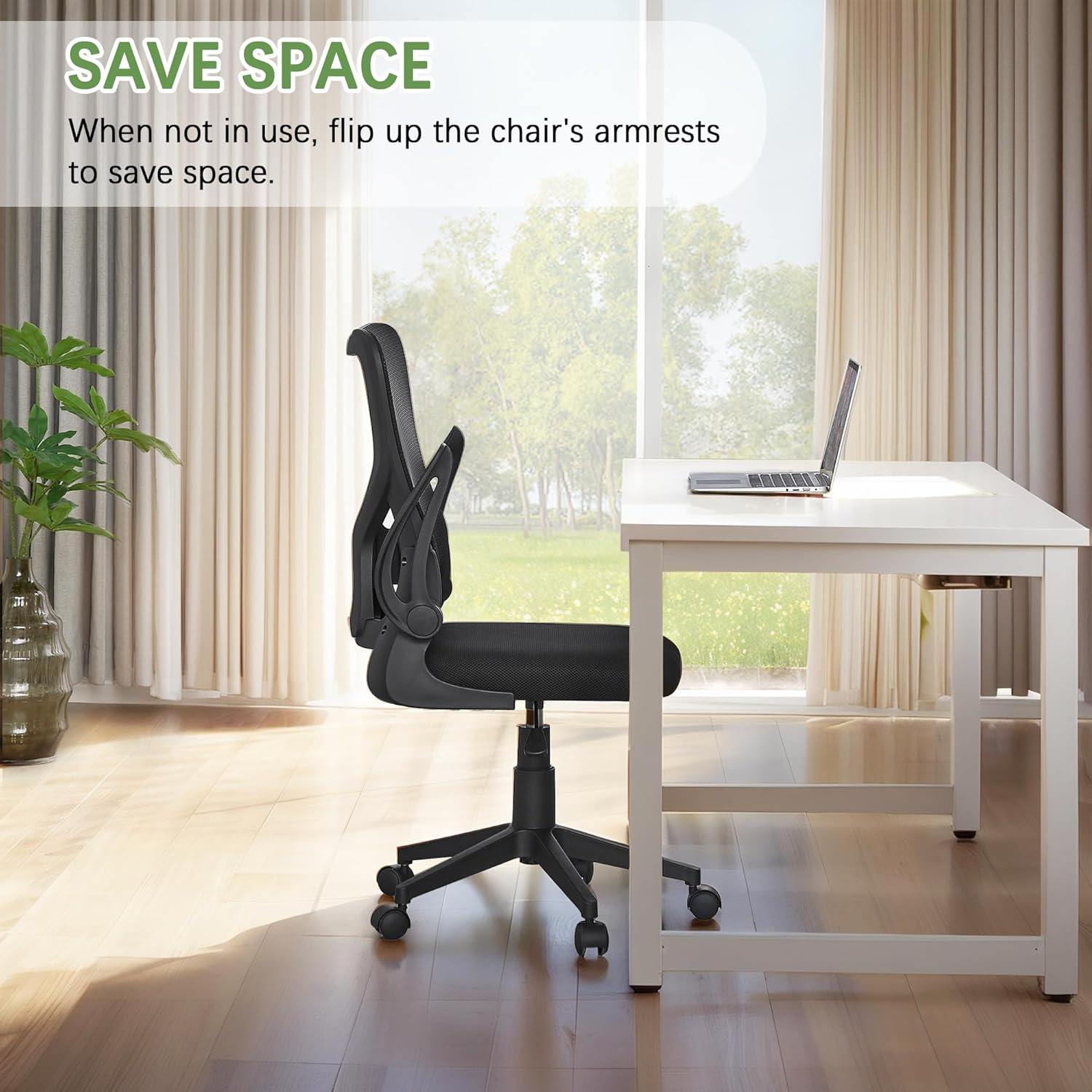 VECELO Mid-Back Mesh Ergonomic Office Chair with Flim-up Armrests, Breathable Lumbar Support, Swivel Wheels, Adjustable Height, for Study/Computer Task/Home Desk Work, Black