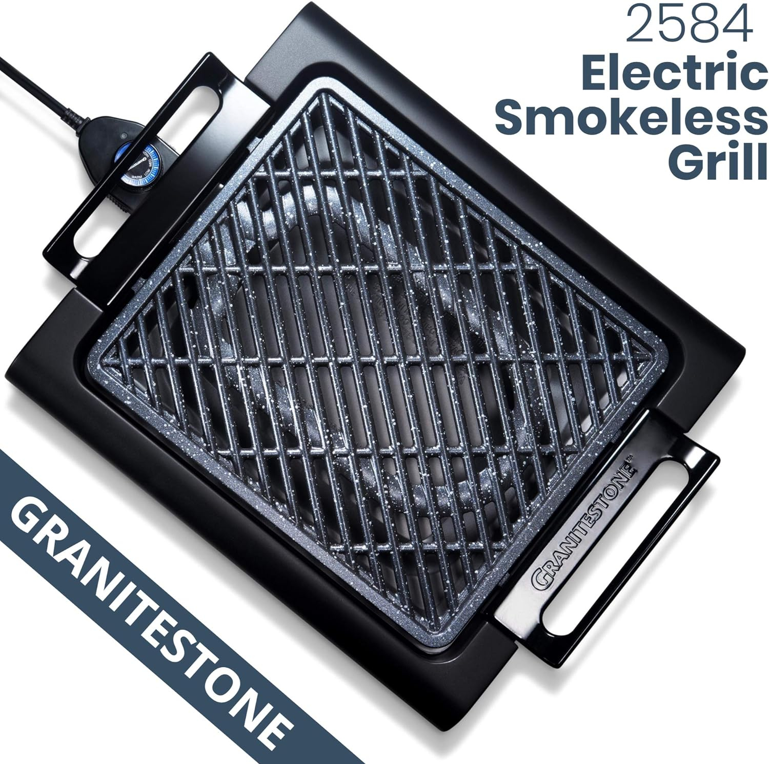 Granite Stone Indoor Nonstick Electric Smoke-Less Grill with Cool-Touch Handles and Adjustable Temperature Dial – Black, 16" x 14”