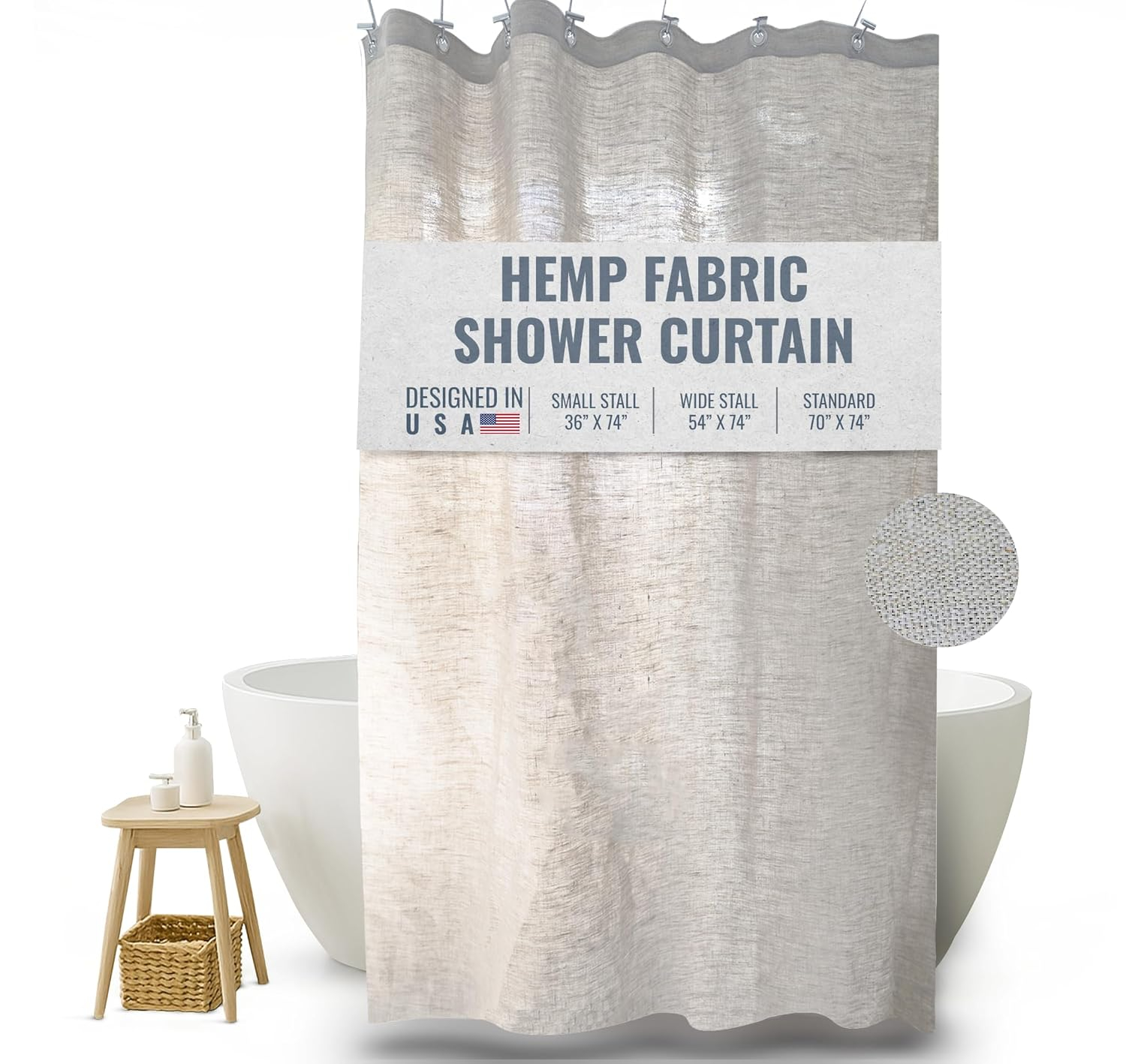 Natural Hemp 54x74" Stall Shower Curtain - Natural fabric Leakproof curtain for luxury bathroom decor - White