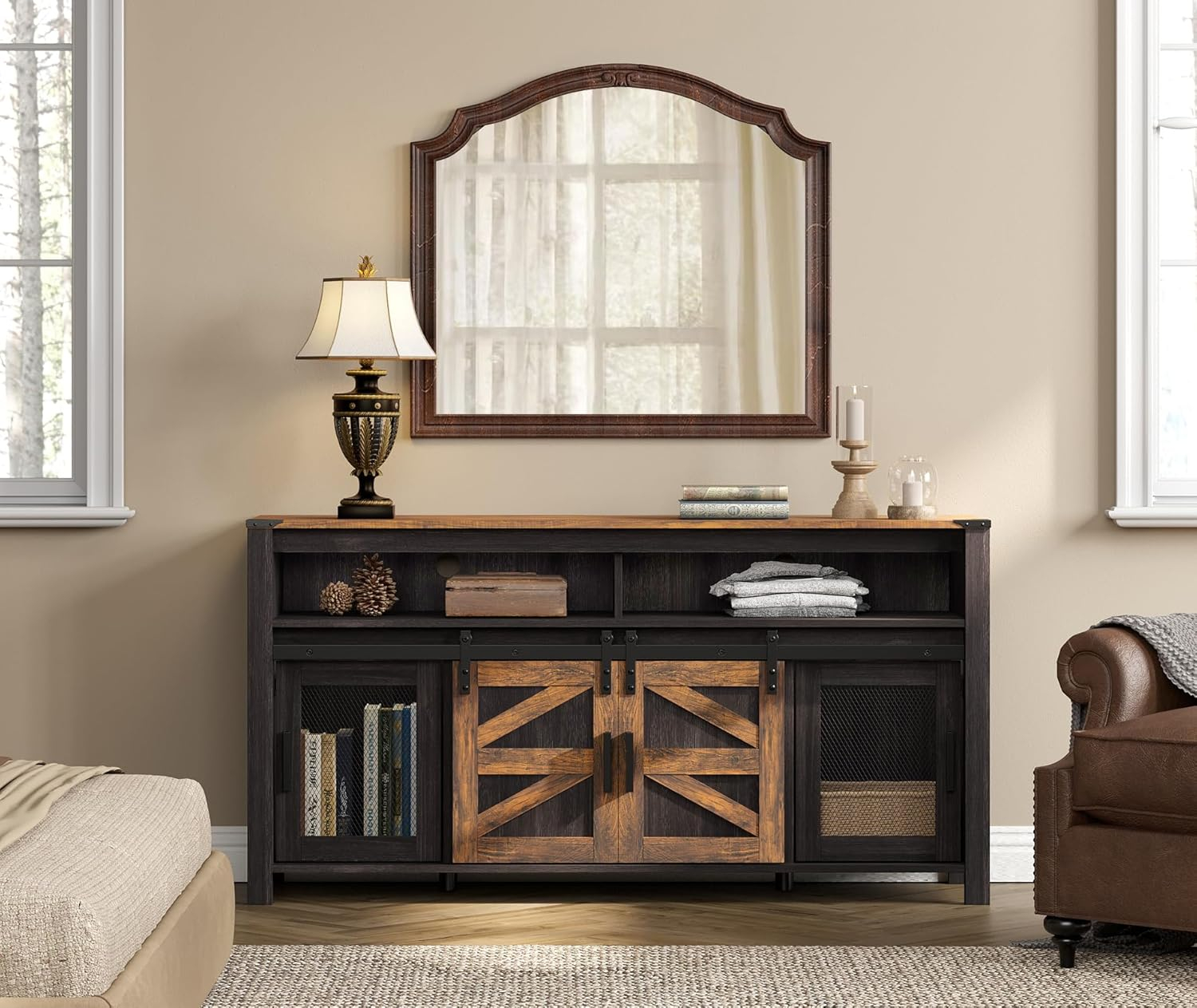 WAMPAT Farmhouse TV Stand for 65 Inch TV, Antique Black & Brown Entertainment Center with Sliding Barn Doors and Mesh Doors, Tall Media Console with Open Storage Space for Living Room, 59x15.4x31