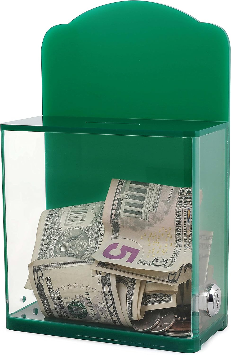 Acrylic Donation Suggestion collection Box For Fundraising Wall mounted Or Retail Countertop Tip Box with curved edges back wall display area 10 x 6 inches, Lock With set of keys Green