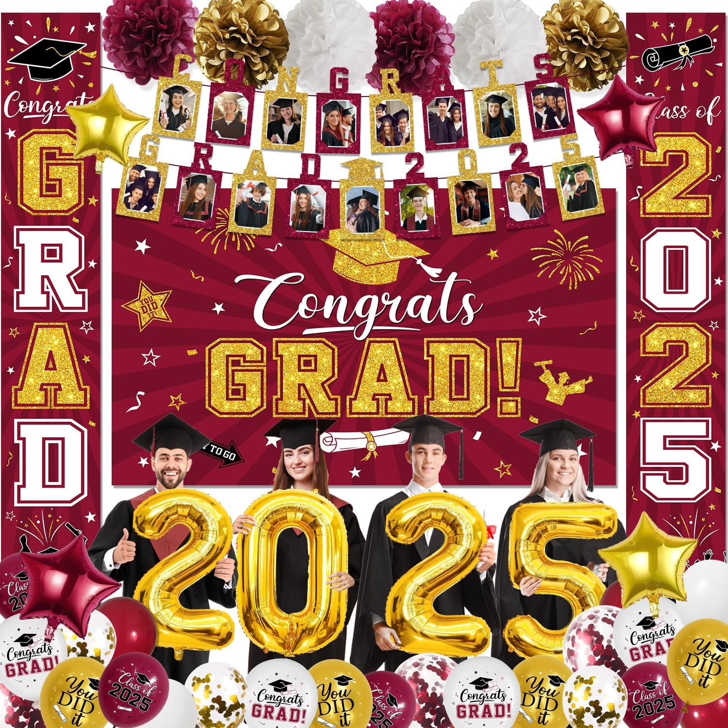 2025 Graduation Party Decoration, Red Gold Themed Set with Congrats Grad Banner, Balloons, Foil Number 2025 for Class of 2025 Graduation Party Supplies