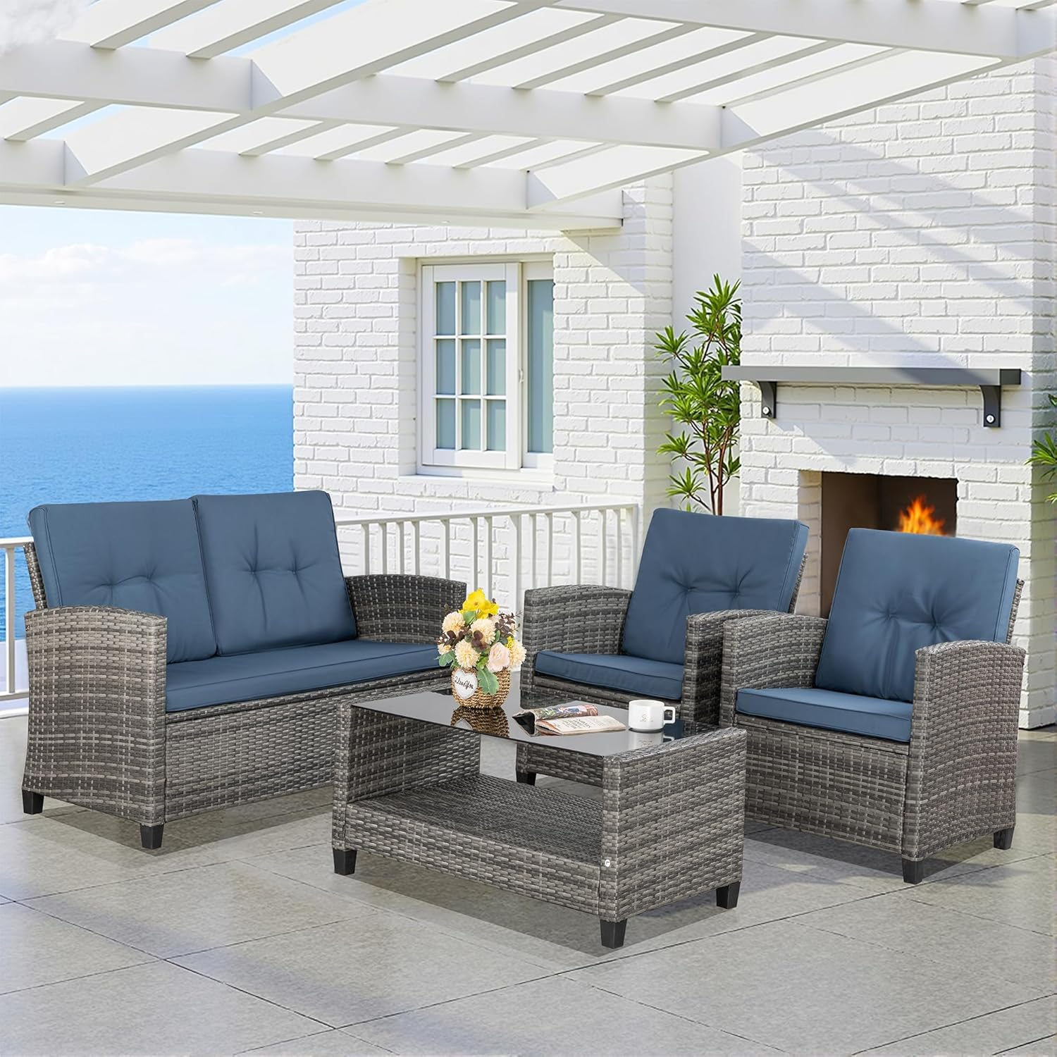 Shintenchi 4 Piece Patio Furniture Set, Outdoor Rattan Conversation Set with Coffee Table, Outside Wicker Sectional Sofa Couch with Cushion, Gray and Blue