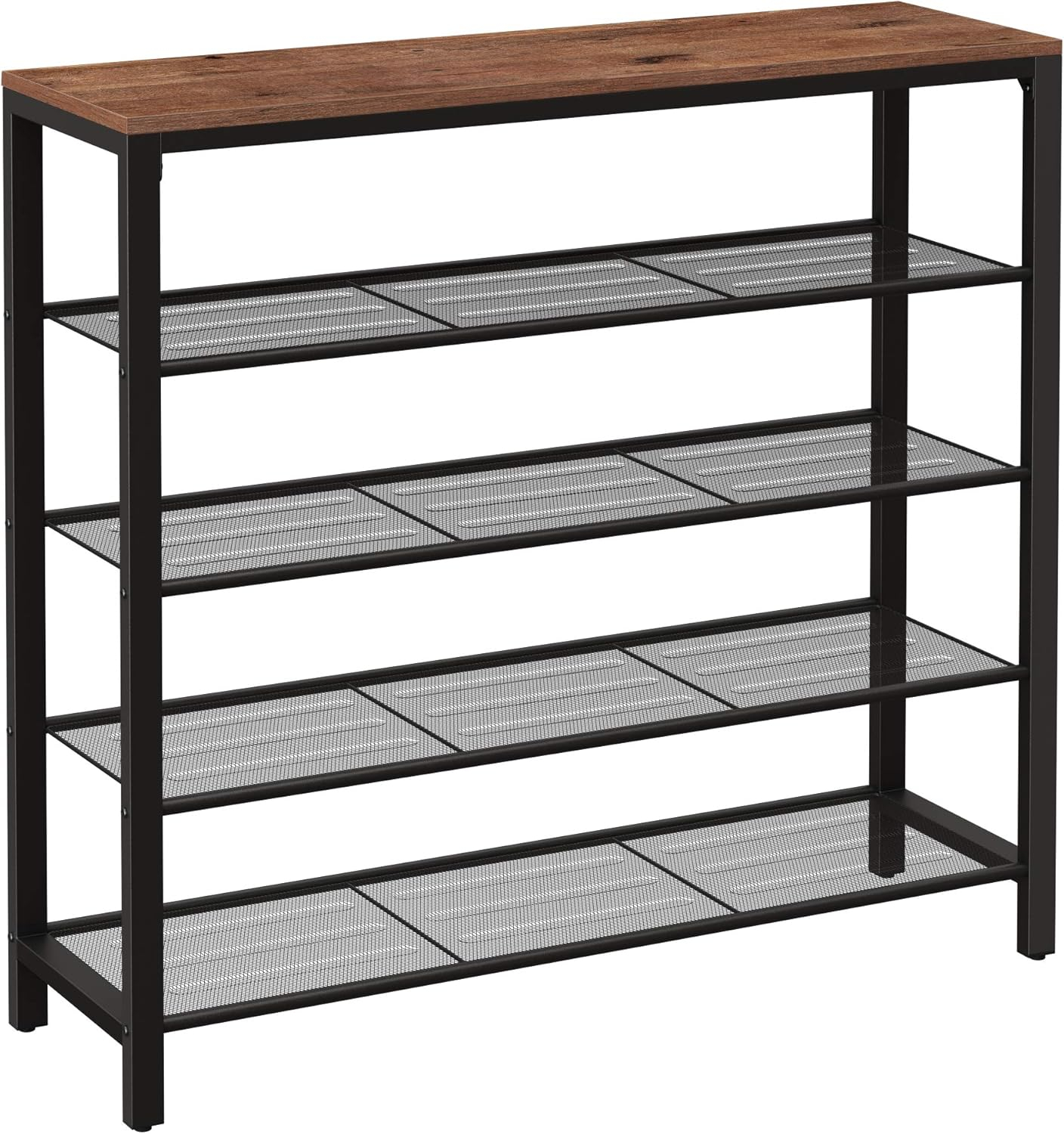 5-Tier Shoe Rack Bench Shoe Organizer for Closet 4 Mesh Shelves Entryway Hallway Shoe Shelf Steel Frame Industrial Brown and Black