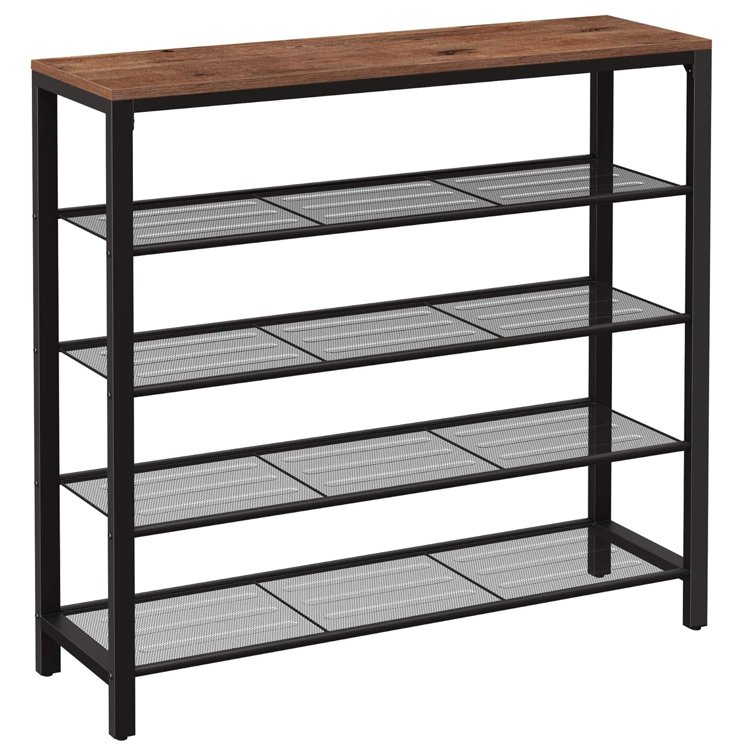 5-Tier Shoe Rack Bench Shoe Organizer for Closet 4 Mesh Shelves Entryway Hallway Shoe Shelf Steel Frame Industrial Brown and Black