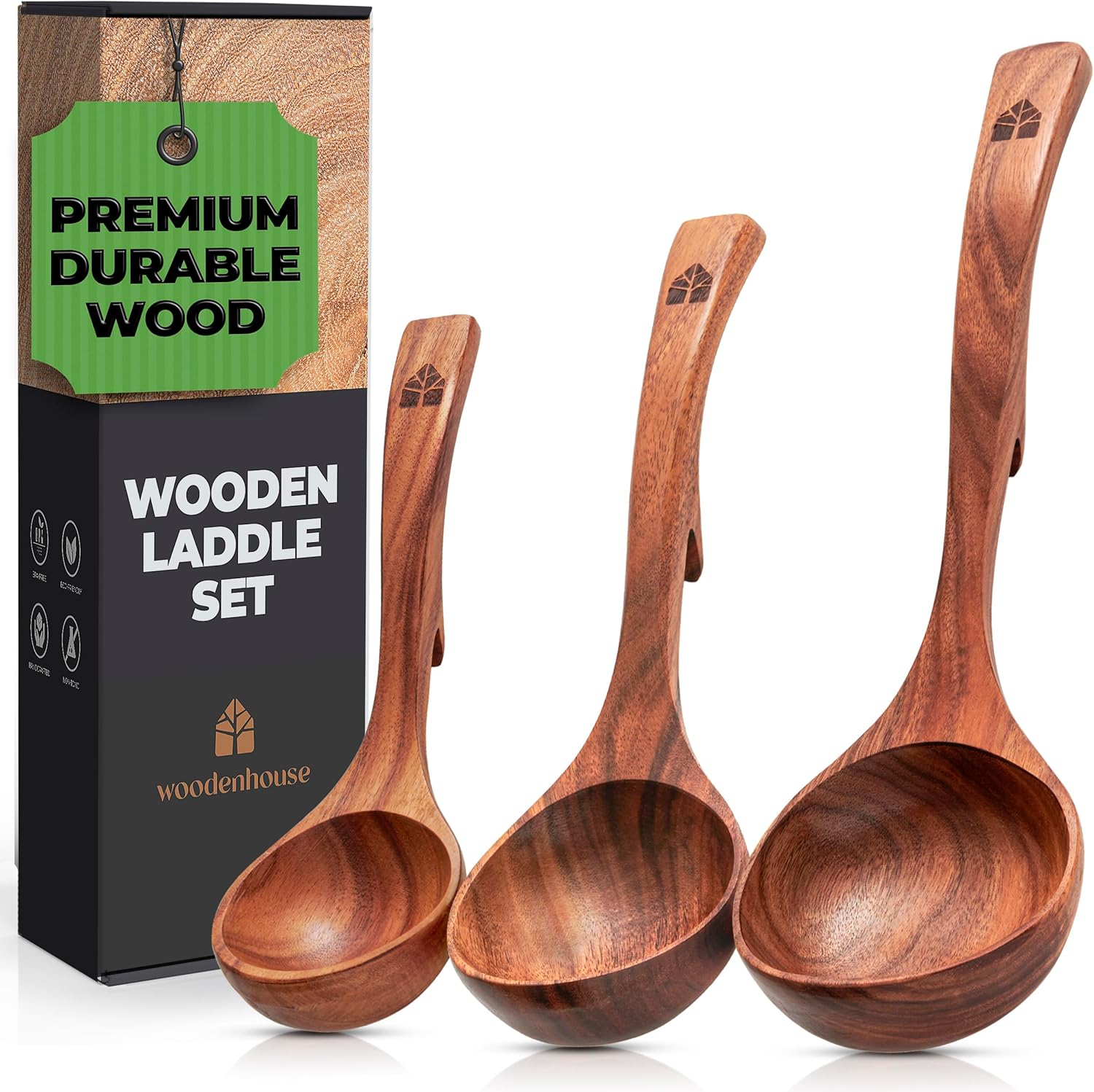 Wooden Ladle for Soup, 3 Size Teak Wood Ladle Spoon with Back Hooks for Pot & Bowl, Non-Stick Wooden Spoon Set for Cooking, Serving and Stirring