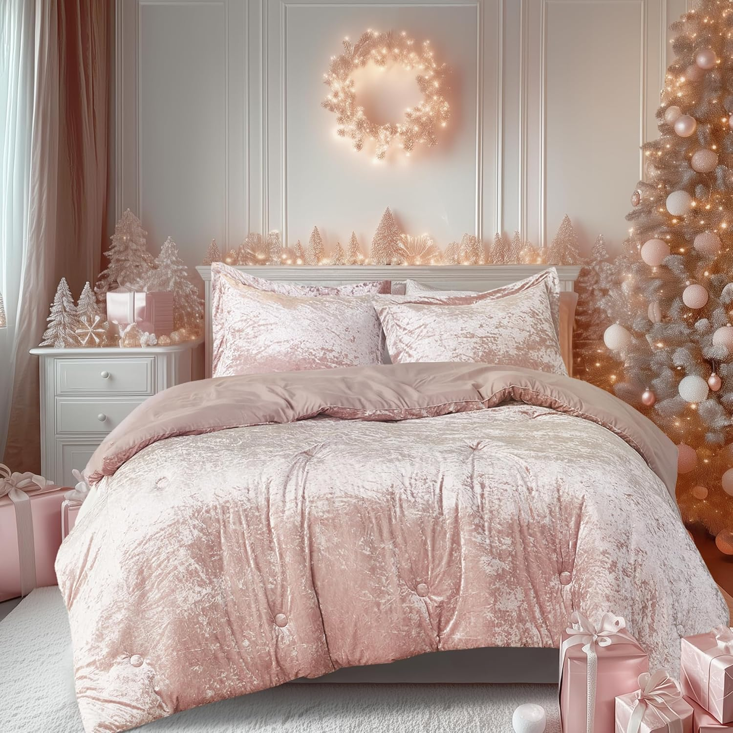 Comfort Spaces Twin/Twin XL Cozy Velvet Comforter Sets, Luxe 2-Piece All Season Down Alternative Bedding Set, Pink Blush Damask Comforter Bed Set with Pillow Shams