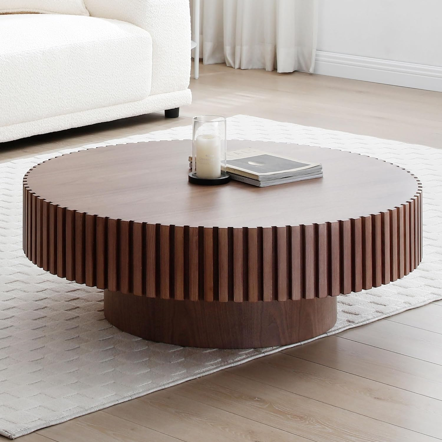 31.49'' Round Coffee Table, Wood End Table for Living Room, Modern Contemporary Circle Fluted Drum Side Table, Easy Assembly for Small Space, Walnut