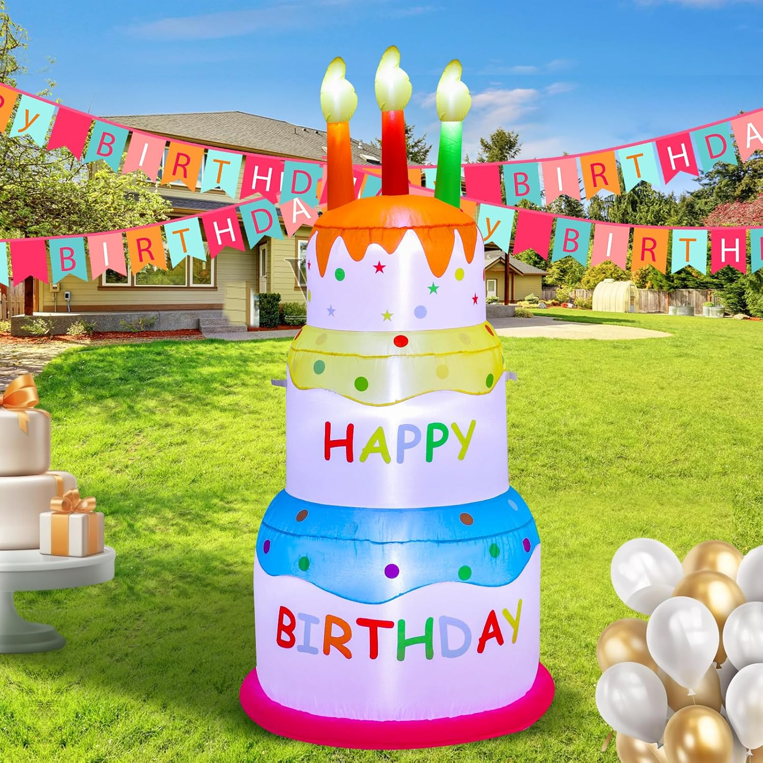 AJY 6 Feet Birthday Inflatable Happy Birthday Inflatable Cake with Candle Blow Up Inflatable Indoor Outdoor Yard Lawn Decoration Clearance