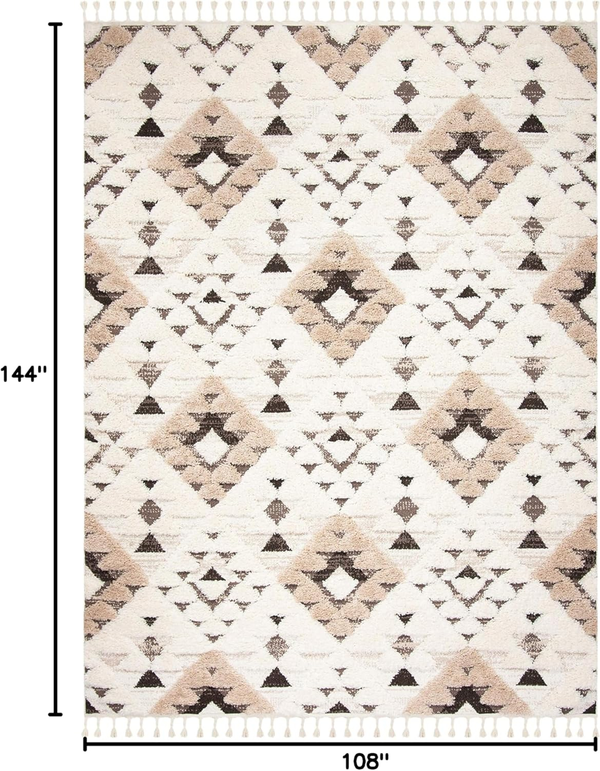 SAFAVIEH Moroccan Tassel Shag Larry Moroccan Geometric Area Rug, Ivory/Brown, 9' x 12'