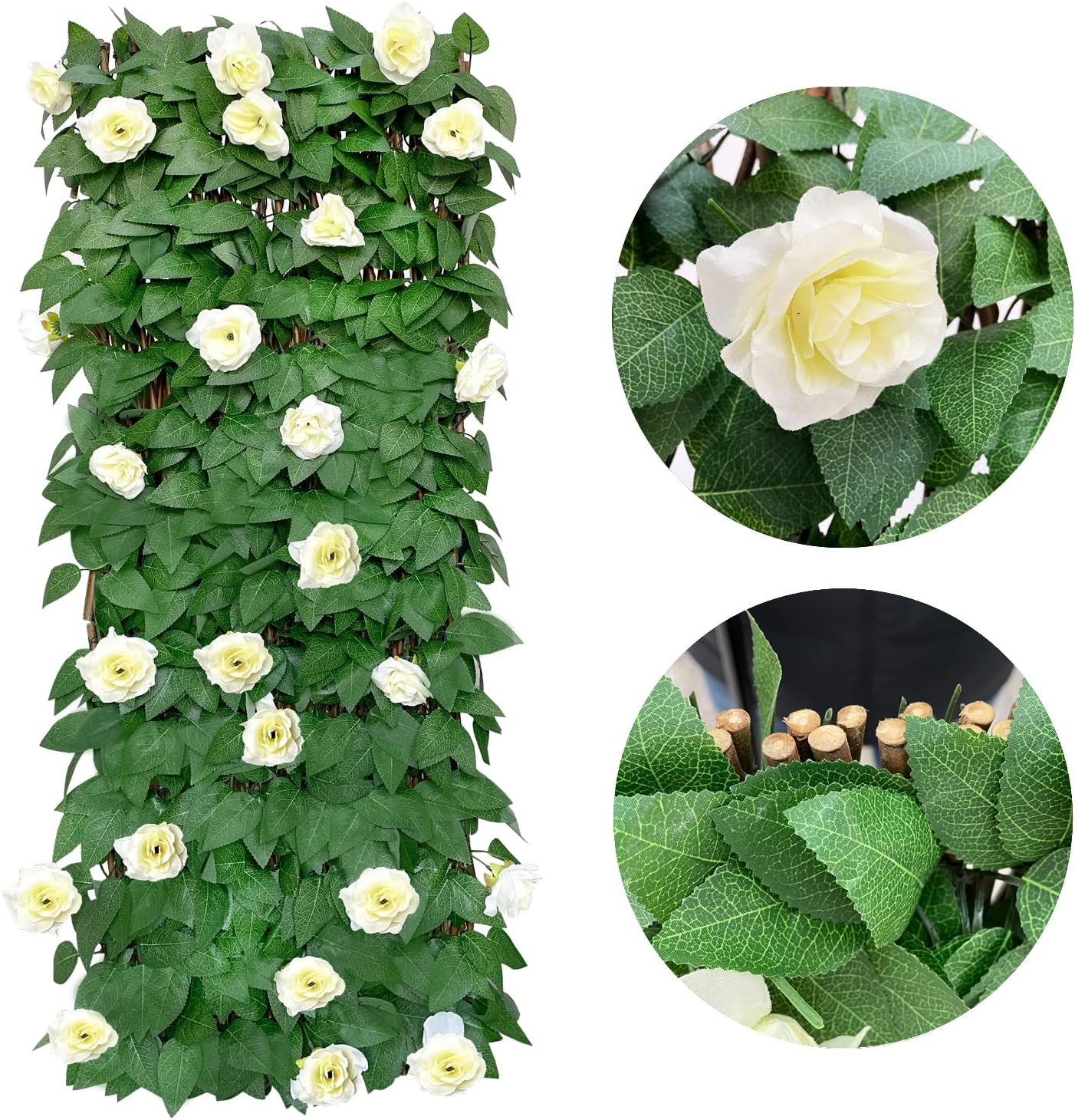 GLANT Expandable Fence Privacy Screen for Balcony Patio Outdoor,Decorative Faux Ivy Fencing Panel,Artificial Hedges (Single Sided Leaves) (1, White Rose)
