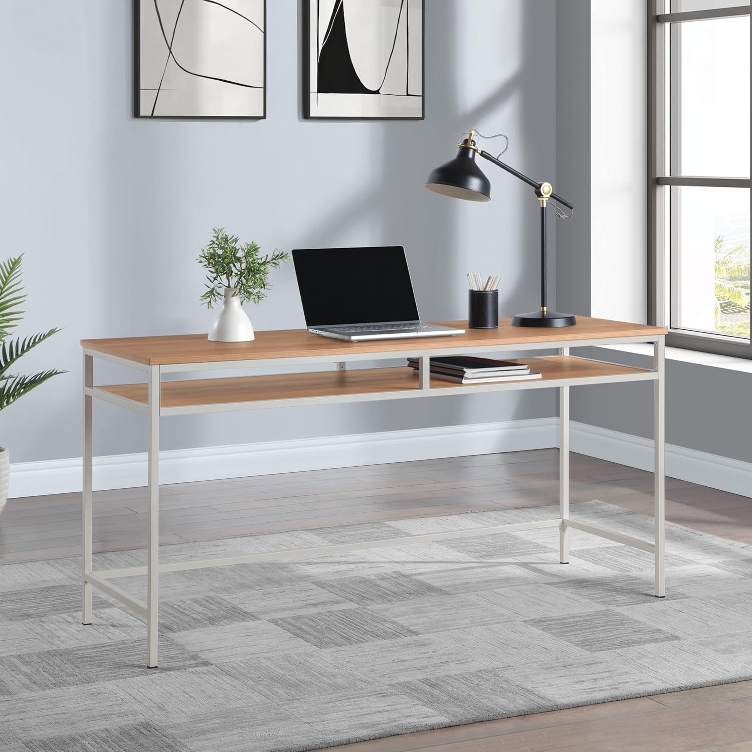 60" Writing Desk in Wood Taupe Frame and Brown Oak Top  Finish KD
