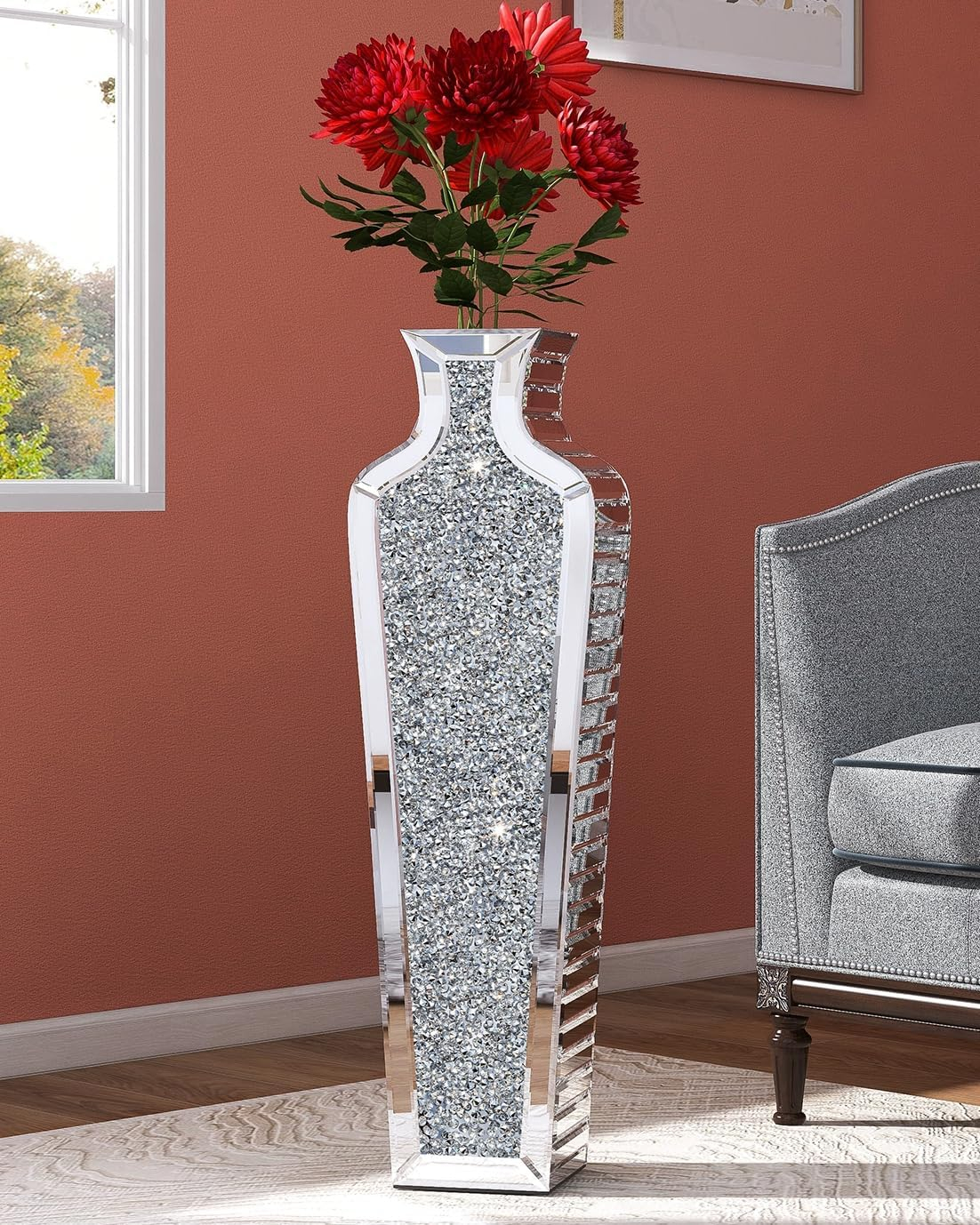 SHYFOY Tall Crushed Diamond Floor Vase Large Silver Mirror Vases for Decor Living Room Floor, Luxury Container for Dried Flower Arrangements Decor, 26.8 inches