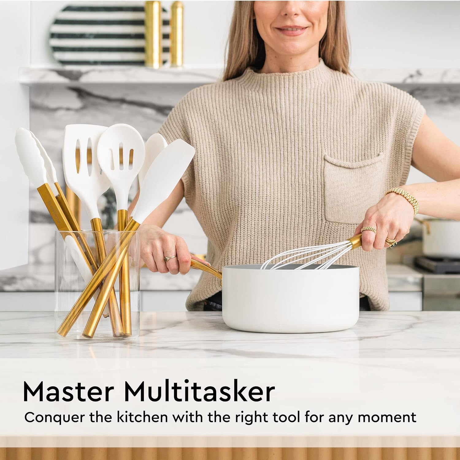 White and Gold Silicone Kitchen Utensils Set with Stainless Steel Handles