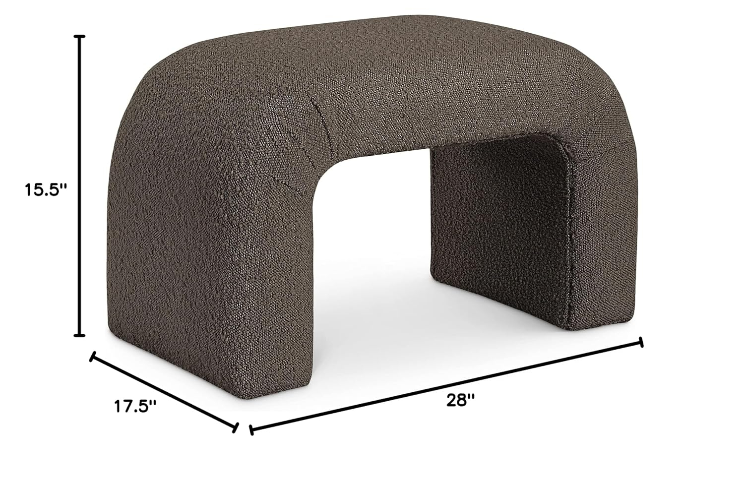 Meridian Furniture 169Brown Niagara Collection Modern | Contemporary Boucle Fabric Upholstered Bench with Rich Brown Boucle Fabric, Curved Contemporary Design, 28" W x 15.5" D x 17.5" H, Brown