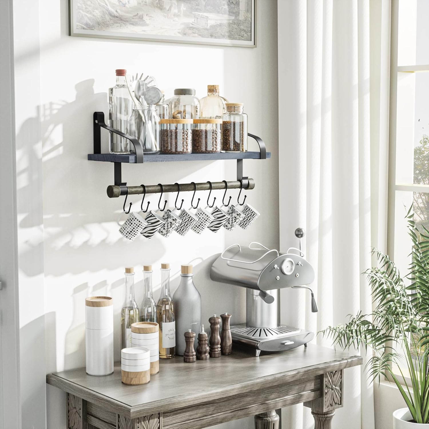 Love-KANKEI Wall Shelf for Storage Rustic Wood Kitchen Spice Rack with Towel Bar and 8 Removable Hooks for Organize Cooking Utensils or Mugs Floating Shelf Weathered Grey