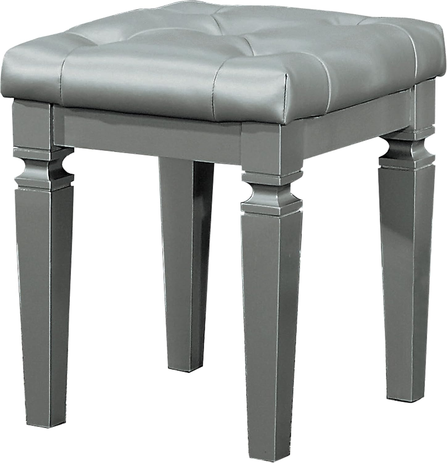 Wooden Vanity Stool With Faux Leather Tufted Seat, Gray- Saltoro Sherpi