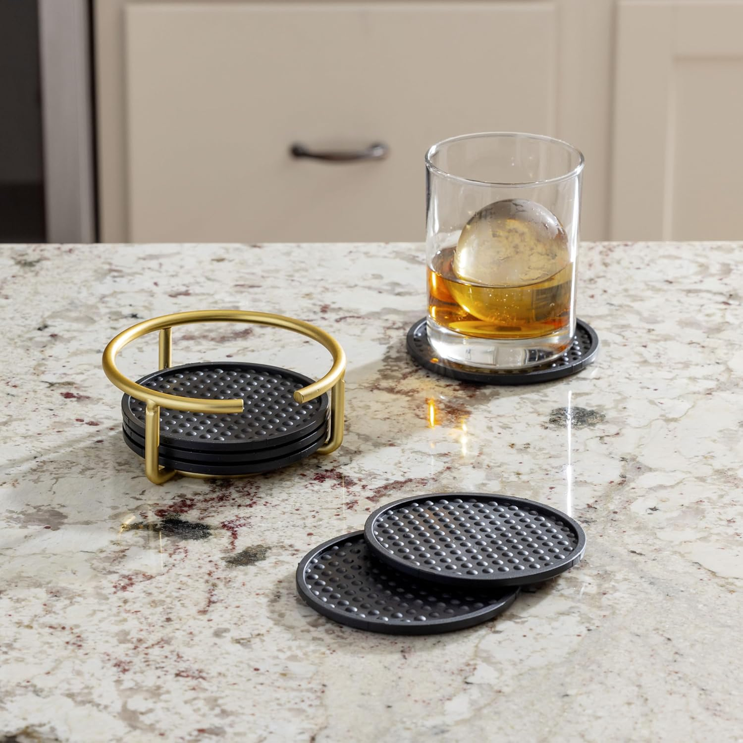 Spectrum Diversified Euro Drink Coasters with Holder - Home Décor Absorbent Coaster Set of 6 for Tabletop Protection, Gold