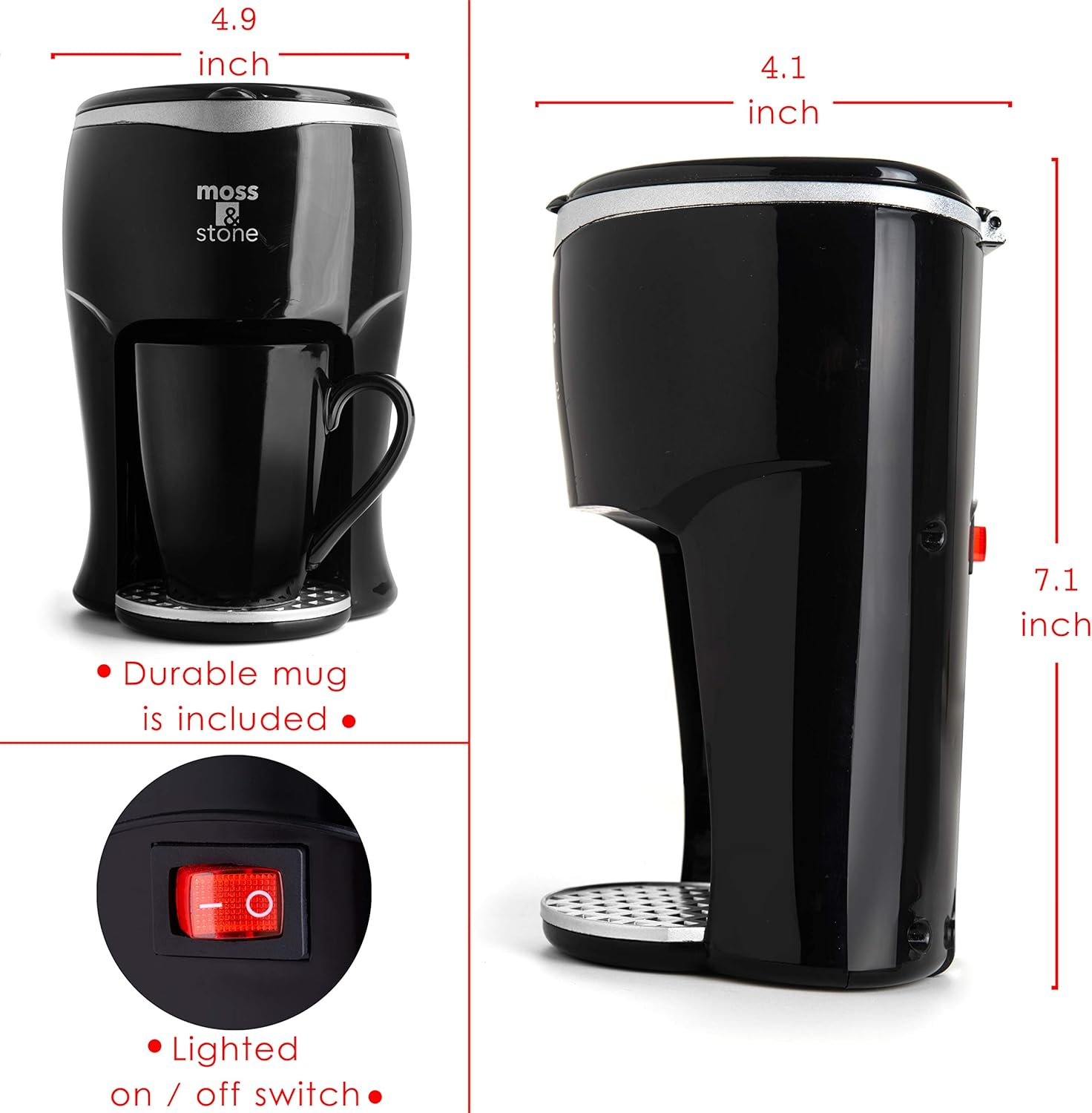 Moss & Stone Mini Drip Coffee Maker with Mug, Small Coffee Pot, One Cup Coffee Machine (1 Drip & 4oz Mug)