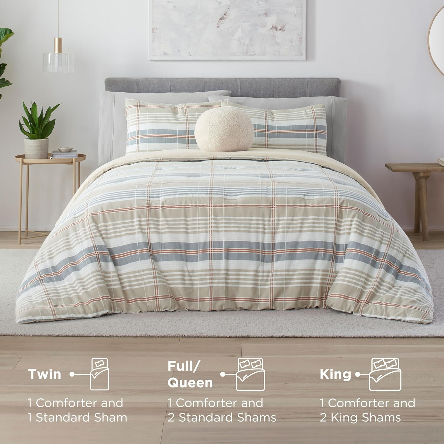 Vellux Oslo Plaid King Comforter Set, 3-Piece, 100% Cotton, Soft & Lightweight, 108x94, Taupe