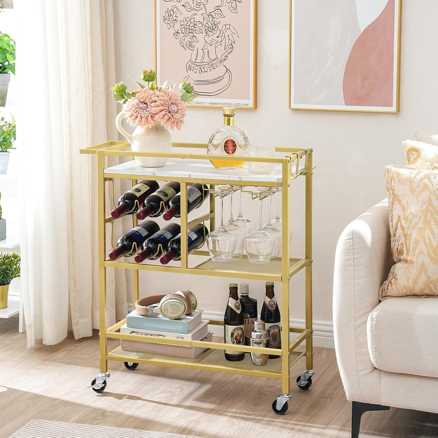 Bar Cart for Home, 3-Tier Serving Cart with Wheels and Handle, Beverage Cart with Wine Rack and Glass Holders, Rolling Wine Cart for Kitchen, Dining Room, Gold and White RCJM6101