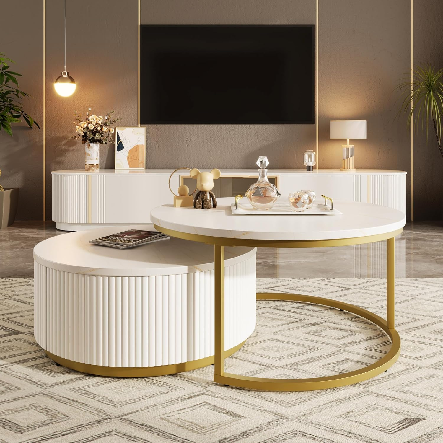 Modern Round Nesting Coffee Table Fluted with Drawer Multiple End Tables Utility Table Telephone Table for Living Room Office Bedroom Balcony, White & Gold