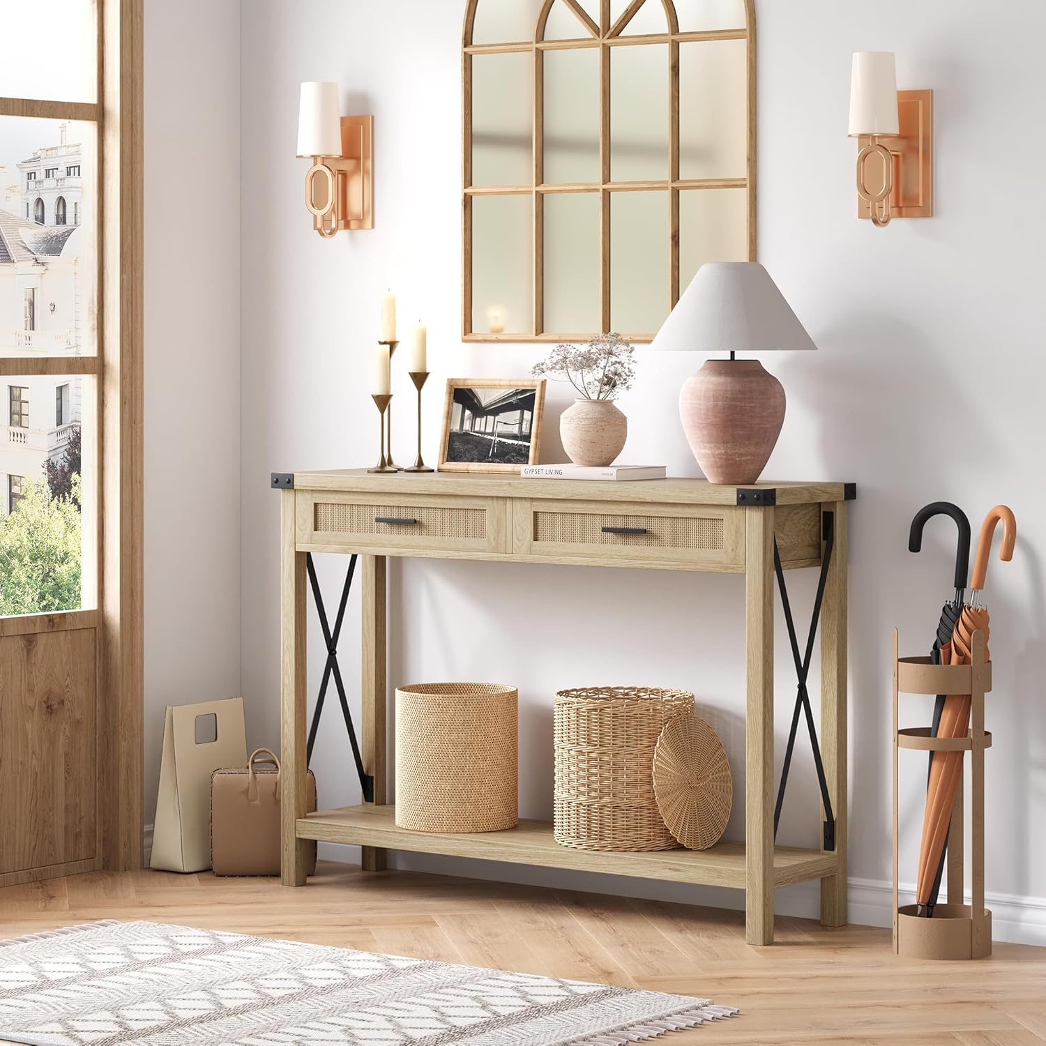 Rustic Light Brown Wood and Metal Console Table with Storage