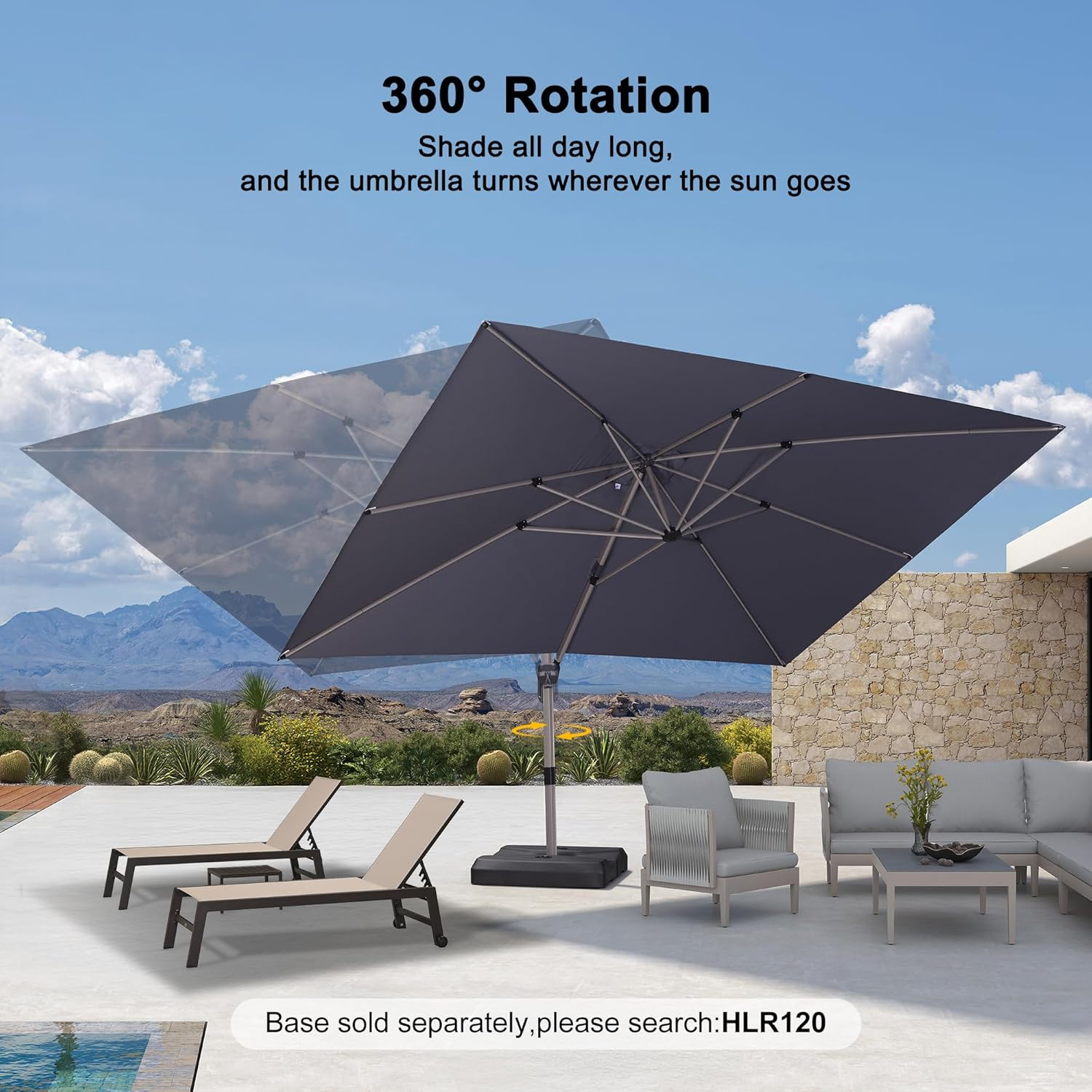 PURPLE LEAF 10' X 13' Patio Umbrella, Rectangle Outdoor Cantilever Umbrella, Aluminum Offset Umbrella with Champagne Frame and 360° Rotation for Pool Deck Garden, Light Grey