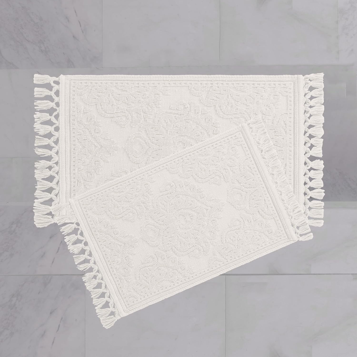 Jean Pierre Ricardo Cotton Fringe 2-Piece Bath Rug Set, White