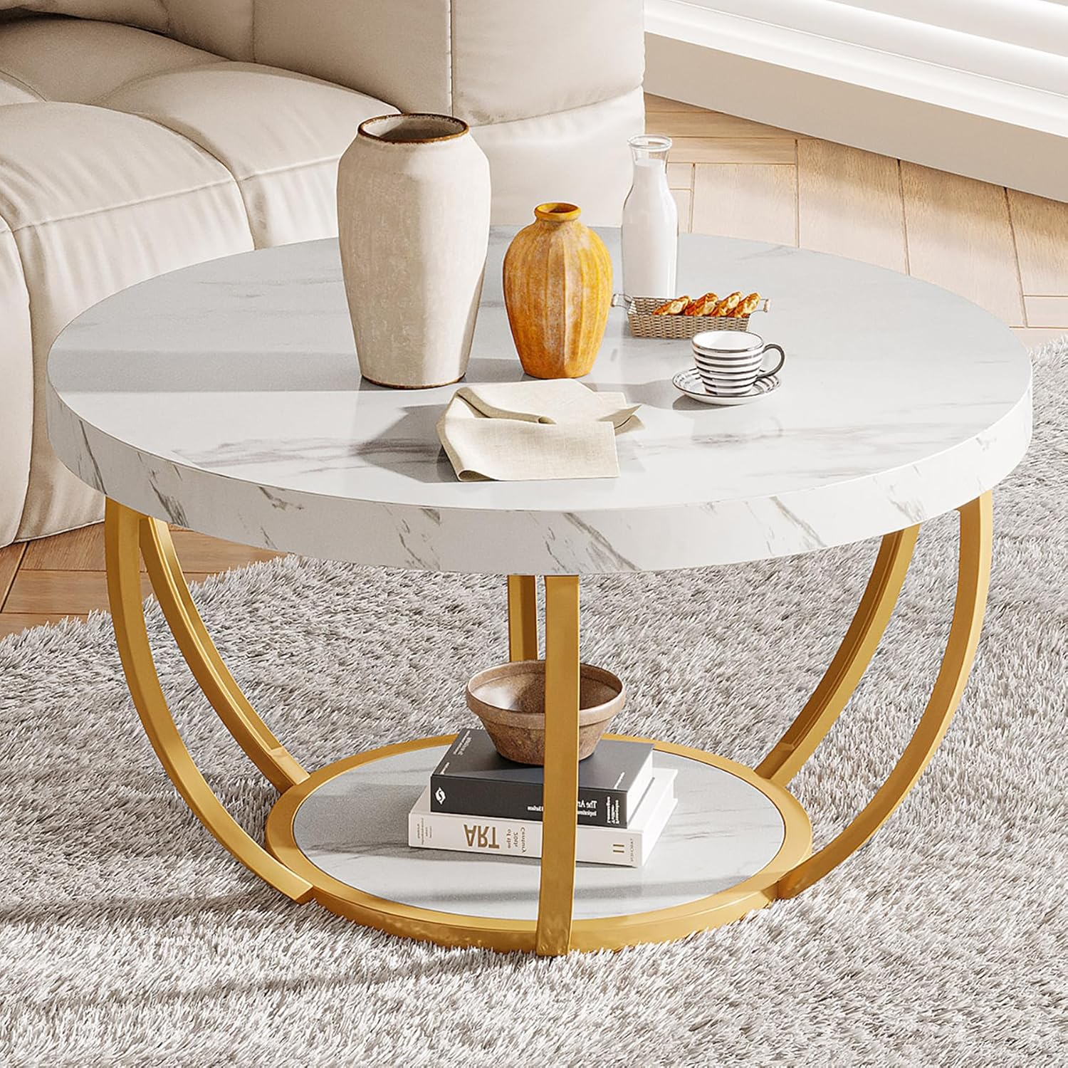 Kepooman Wooden Coffee Table, 2-Tier Round Central Cocktail Table with Shelves,White