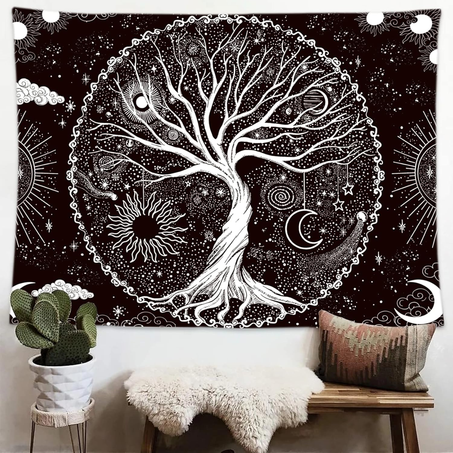 BCIIG Tree of Life Tapestry Wall Hanging Black and White Wishing Tree Galaxy Space Sun & Moon Tapestry Psychedelic Mystical Aesthetics Wall Hanging Living Room Bedroom Cosmic Tree