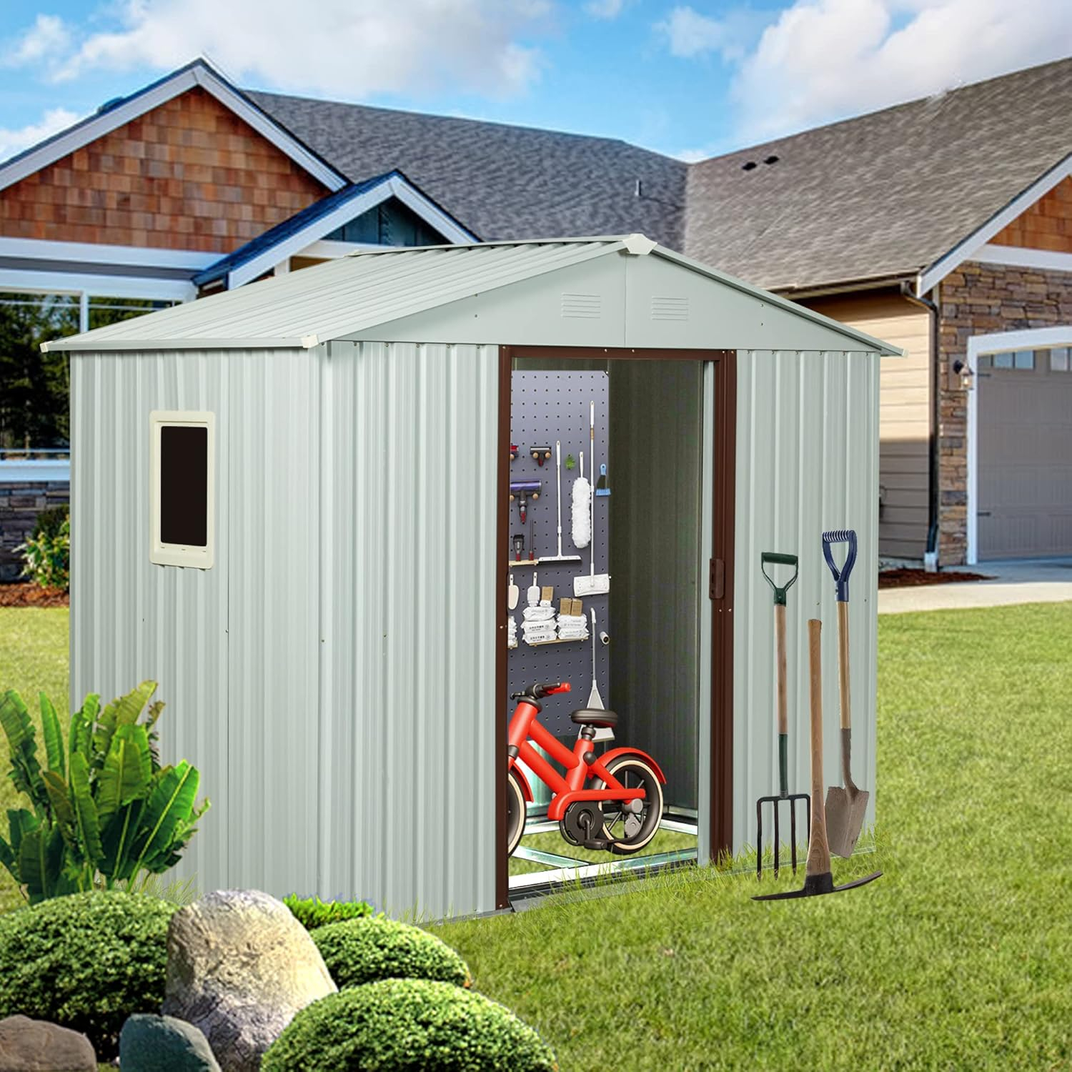 8 x 4 FT Outdoor Storage Shed, Metal Garden Shed with with Updated Frame Structure, Tool Sheds for Backyard Garden Patio Lawn White