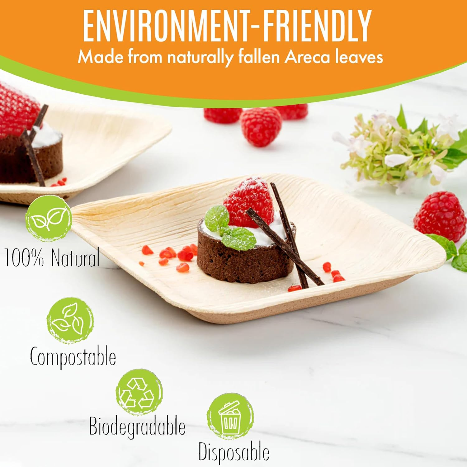 Raj Eco Compostable Palm Leaf Plates Like Bamboo Plates Disposable - 6 Inch Square 50 Party Plate, Natural Wooden, Eco-Friendly, Fancy Biodegradable & Disposable Dessert Appetizer Plate