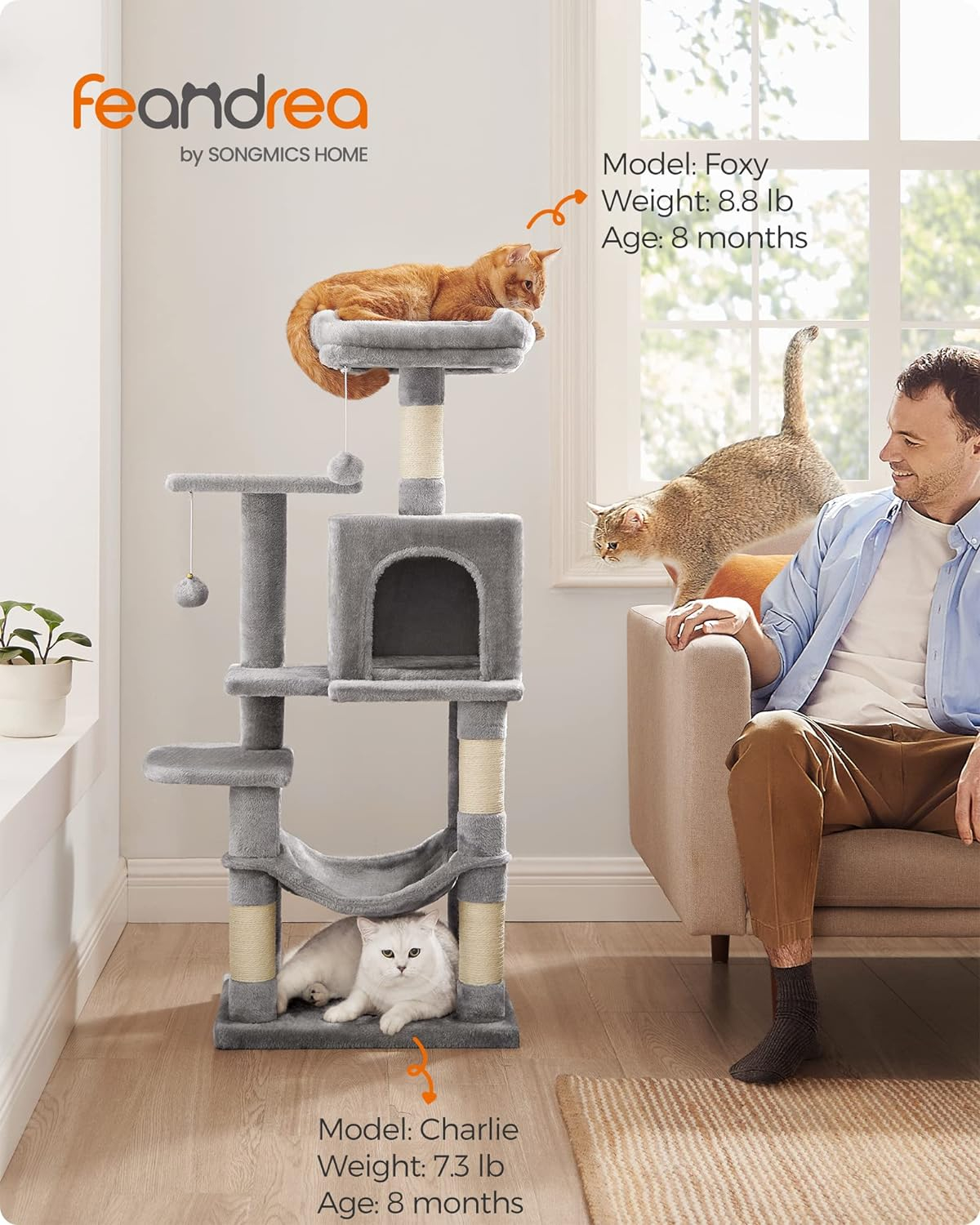 Cat Tree, 44.1" Cat Tower for Indoor Cats, Multi-Level Cat Condo with 4 Scratching Posts, 2 Perches, Hammock, Cave, Light Gray